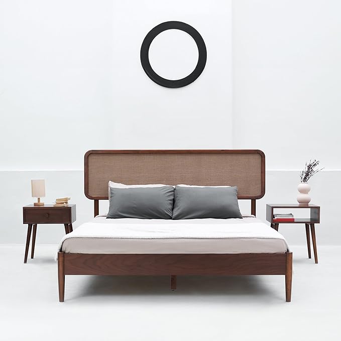 NTC Lupin Wooden Bed Frame with Headboard, Crafted from Walnut, Rubber Wood with Silent Slats and Wood Central Supports, 1000 Lb Capacity, Effortless Assembly, King - Dark Walnut