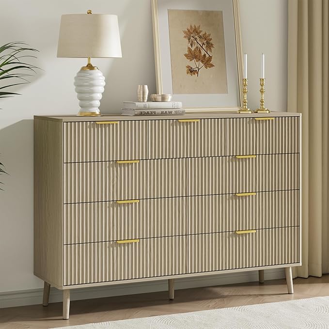 LYNSOM Fluted 9 Drawer Dresser for Bedroom, 55" Wide Modern Chest of Drawers with Curved Profile Design and Metal Handles, Wood Dresser TV Stand & Storage Organizer for Bedroom, Hallway, Beige