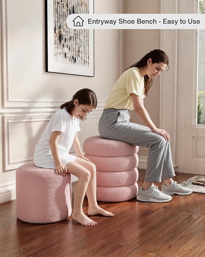 Round Set of 2 Sherpa Storage Ottoman Stool Boucle Vanity Stool Footstool with Removeable lid Load up to 440 lbs for Livingroom Bedroom Pink UASND68P