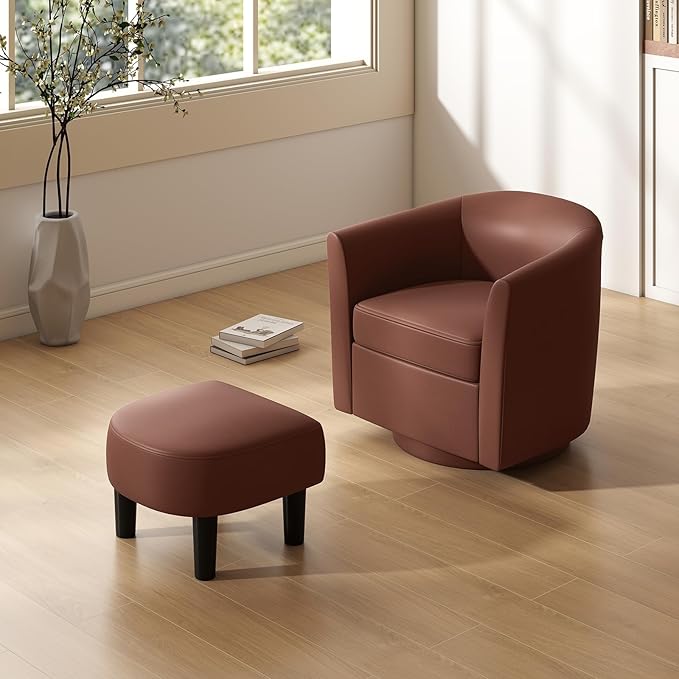 Giantex Swivel Small Accent Chair with Ottoman, Modern Faux Leather Barrel Club Chair w/Footrest, Removable Seat Cushion, Swivel Single Sofa Arm Chair for Living Room, Bedroom, Office (Brown)