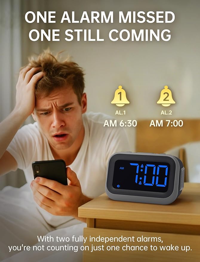 Super Loud Alarm Clock: 115dB Dual Alarms and 6 Alarm Sounds for Heavy Sleepers - Adult Shift Workers in Bedroom or Daily Wake-Up Use - Blue Digits