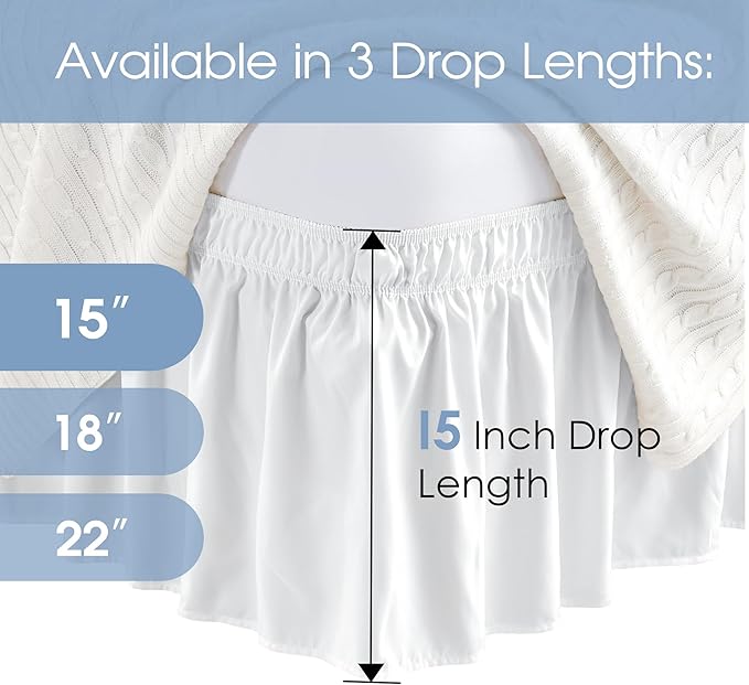FreshCulture Elastic Wrap Around Bed Skirt - Easy Fit with 15-Inch Tailored Drop, Hotel Quality Dust Ruffle for Full Size Bed (White)