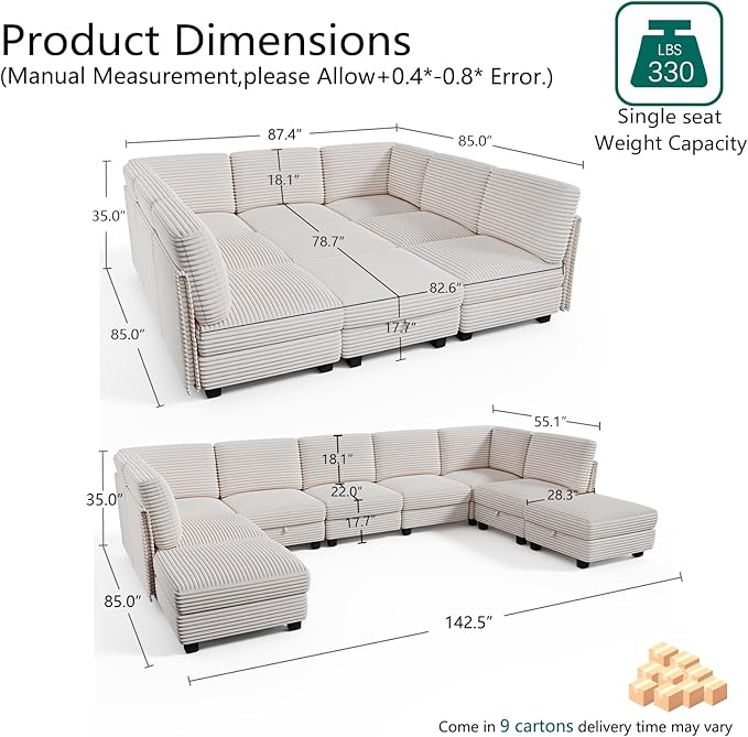 Modular Sectional Sofa with Adjustable Backrest, Large Convertible L/U-Shaped Sleeper Couch for Living Room, Cloud Sofa Bed Modern Reversible Design, White