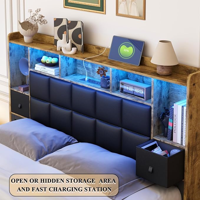 LED Bed Frame Queen Size with 2 Hidden Storage Drawers & Bookcase, PU Leather Headboard, Upholstered Platform Bed with Charging Station, Metal Slats Support, Noise Free, No Box Spring Needed