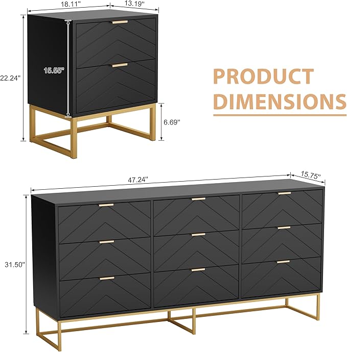 Anbuy Morden 9 Drawer Dresser and Nightstand Sets for Bedroom, 3 Pieces Bedroom Sets Night Stand Set of 2 & 9 Drawer Dresser with Gold Handles, Wood Chest of Drawers Storage Cabinet Set, Green Black