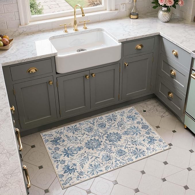 jinchan Torino 2x3 Washable Rugs for Entryway, Vintage-Inspired Floral Design Non-Slip Low-Pile Doormat, Ultra-Thin Indoor Traditional Accent Carpet for Entrance Kitchen Bathroom Bedroom, Dark Blue