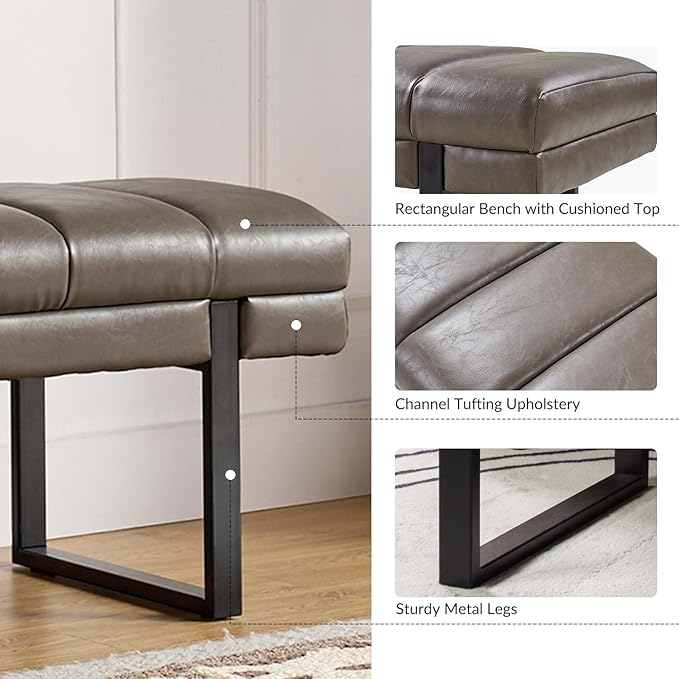 HULALA HOME 53" Faux Leather Entryway Bench, Button Tufted End of Bed Bench Ottoman for Bedroom, Living Room with Metal Base, Grey