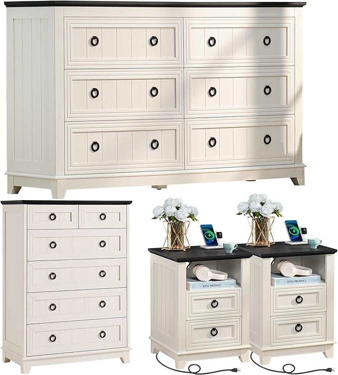 Bedroom Dresser and Nightstand Sets 4 Piece, Farmhouse 6 Drawers Dresser & 40.5" Tall Chest of Drawers,18" Nightstands with Charging Station,54" Wide Furniture Dressers for Bedroom,Living Room