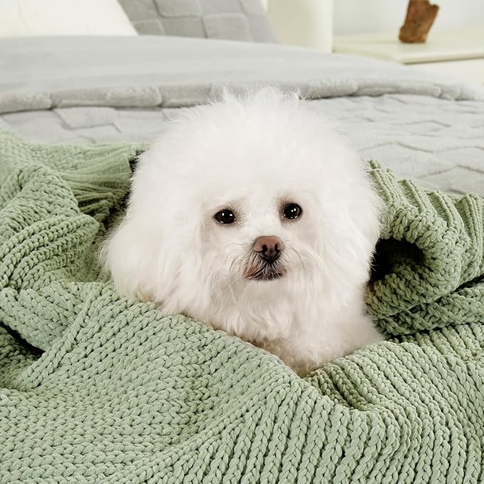 Amélie Home Chevron Chenille Knit Throw Blanket for Couch, Cozy Texture Decorative Soft Blanket for Sofa & Chair, 50"x60", Sage Green