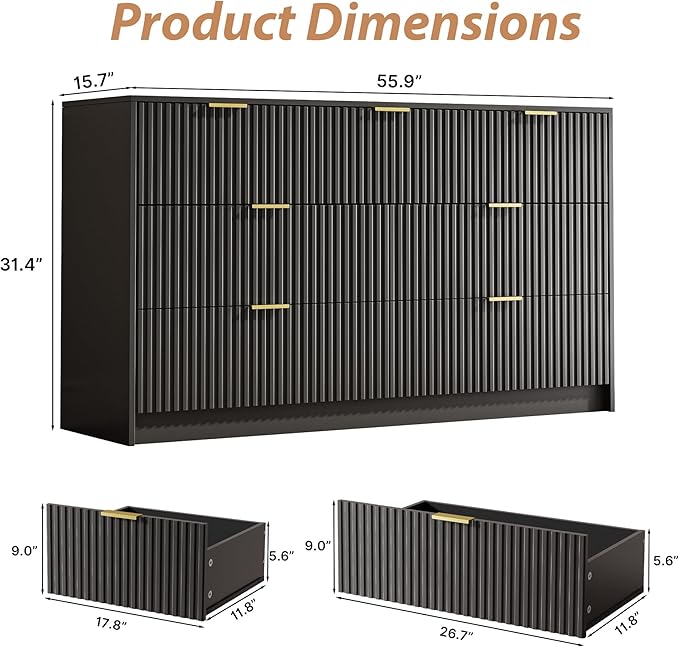 Black 7 Drawer Dresser for Bedroom, 55.9" Wide Modern Fluted Dresser with Gold Metal Handles, Wide Chest of Drawers for Bedroom, Living Room, Entryway, Hallway