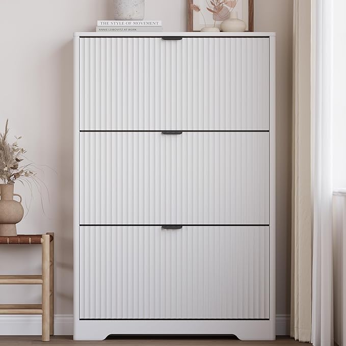 Entryway Shoe Cabinet with 3 Flip Drawers, Narrow Shoe Organizer Cabinet with Fluted Panel and Adjustable Shelves for Foyer, Hallway