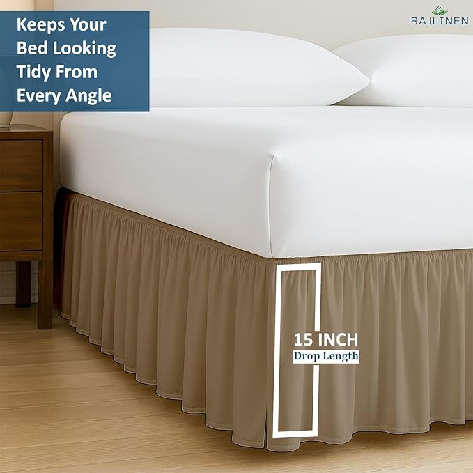 Rajlinen Ruffled Bed Skirt Queen, 15 Inch Drop Dust Ruffle with Split Corners, 100% Microfiber Bedskirt with Platform, Three-Sided Coverage Ruffled Gathering Design, Taupe