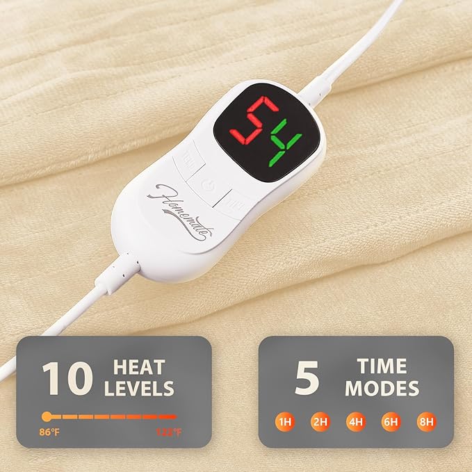 Homemate Electric Heated Blanket King Size - 100"x90" Heating Blanket King Size Dual Control 1/2/4/6/8 Hours Auto-Off 10 Heat Level Over-Heat Protection Flannel Sherpa ETL Certification