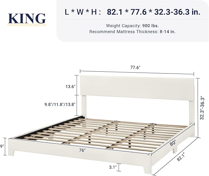 Allewie King Size Bed Frame with Adjustable Headboard, Faux Leather Platform Bed with Wood Slats, Heavy Duty Mattress Foundation, No Box Spring Needed, Noise-Free, Easy Assembly, White