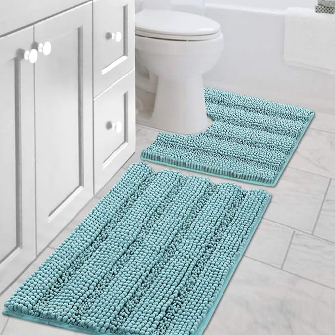 H.VERSAILTEX Bathroom Rugs Set 2 Piece Bathroom Contour Rug Toilet Mat Sets, Non Slip, Contou,r Ultra Thick, Water Absorbent, Striped Bath Rug, Washable(20" x 32" Plus 20" x 20" U, Aqua Haze)