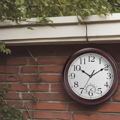 12 Inch Outdoor Wall Clock with Thermometers, Vintage Silent Wall Clocks Battery Operated, Retro Non-Ticking Clock Decorative for Living Room, Patio, Kitchen, Office, Bathroom, Bedroom(Bronze)