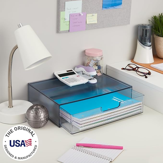 STORi STAX Plastic Stackable Organizer Drawer in Grey | 12.5-inches Wide | Organize Office Desk Accessories and Sort Letter-Size Paper | Made in USA