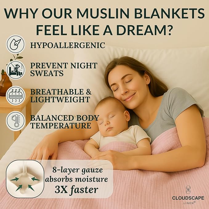 Cloud Scape Linen 8-Layer Muslin Blanket King Size for Adult - 100% Cotton, Breathable and Soft, Perfect Winter Cozy Blanket, Fits up to California King Bed, 92x108, Seashell Pink