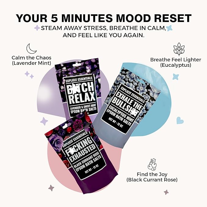Explicit Essentials Bath Salts Gift Set | 3 Relaxing Epsom Salt Bath Soaks | Aromatherapy Epsom Salt Variety Pack for Stress Relief, Muscle Recovery & Self-Care Gifts