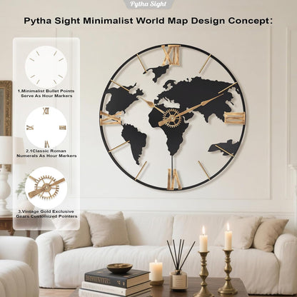 30 Inch Large Modern Decorative Metal World Map Wall Clocks Giant Extra Vintage Gold Roman Numeral Oversized Wall Clock for Living Room,Office,Dining Room,Entryway,Fireplace