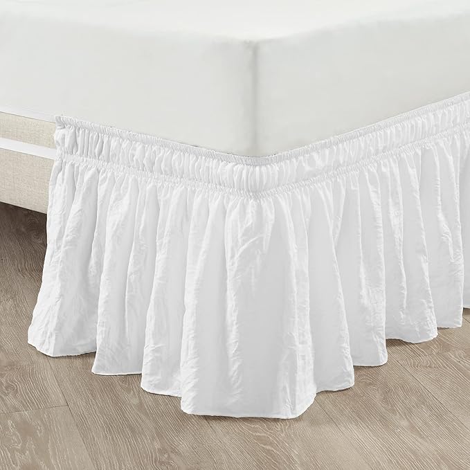 Lush Decor Ruched Ruffle Elastic Easy Wrap Around Bed Skirt Single Twin/Twin XL/Full White - Twin Bed Skirt - Dust Ruffle - White Bedskirts