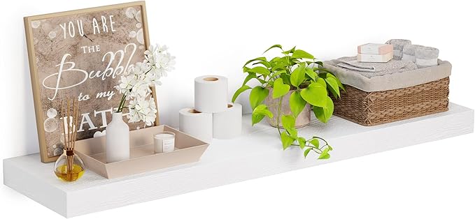Heimlove 12 Inch Deep Floating Shelves, 55 x 12 inches Long Wall Shelf, Large Extra Display Shelf & Storage Shelf, Rustic Wood Wall Shelves for Fireplace Mantel, Set of 1(White)