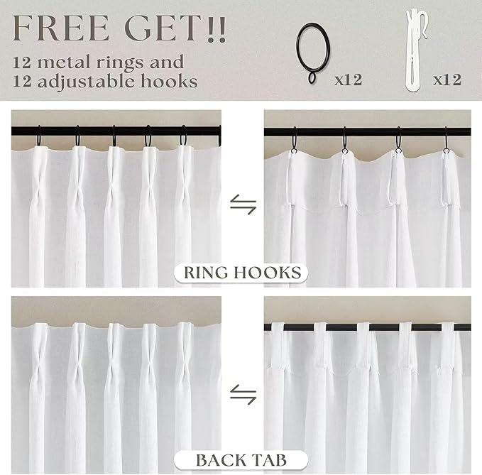 White Pinch Pleated Linen Curtains 102 Inches Long 60 Inch Width Linen Blend Light Filtering Window Curtains 102 Inch for Living Room Bedroom Patio Pinch Pleat Drapes Hooks Rings 1 Panel 60Wx102L
