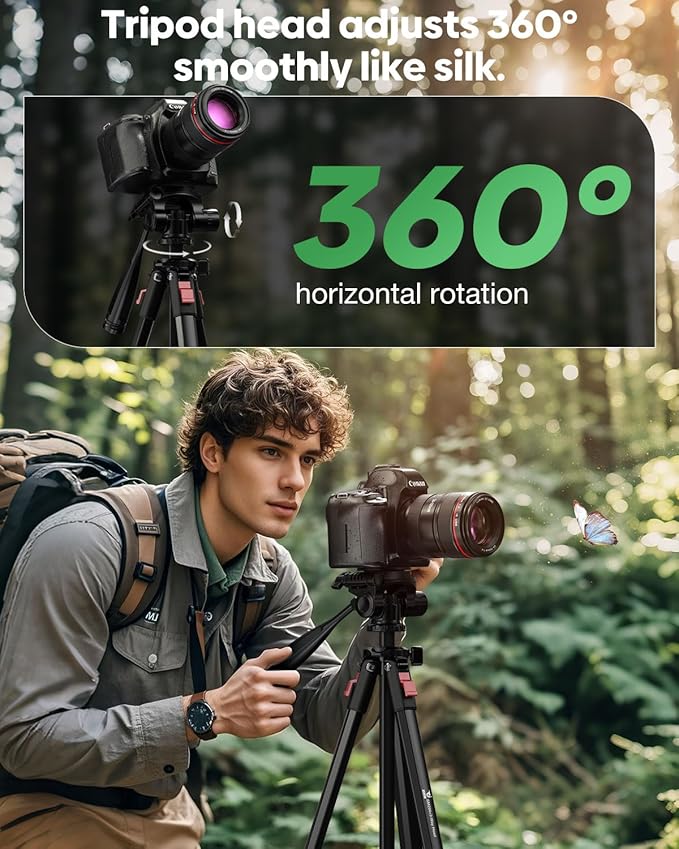 68" Lightweight Camera Tripod Stand, Compact Portable Travel Aluminum Tripod for DSLR/SLR, Compatible with Canon/Nikon/Phone (Supports 8.8 lbs, Weighs 2.46 lbs) Black