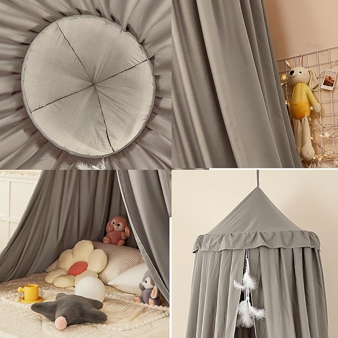 dix-rainbow Princess Decor Canopy for Kids Bed, Soft and Durable Bed Canopy for Girls Room Tent Canopy Dreamy Mosquito Net Bedding, Children Reading Nook Canopies Indoor (Grey)