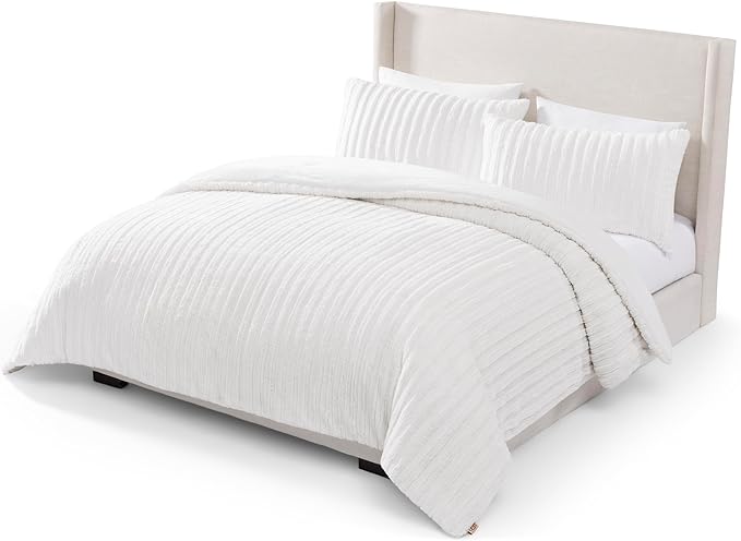 UGG King Comforter Set with 2 Pillow Shams Plush Faux Fur Bedding Soft Warm Down Alternative Comforter Washable Hypoallergenic Fluffy Blanket Set for Bedroom, California/King Size, White Snow (Kenzie)