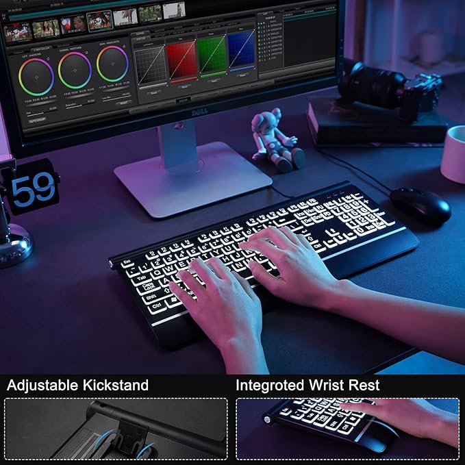 Large Print Backlit Computer Keyboard, USB Full Size Wired Keyboards with 7-Colors Backlight, Wrist Rest, Light Up Keyboard for Windows, PC, Laptop - Easy to See, Easy to Setup