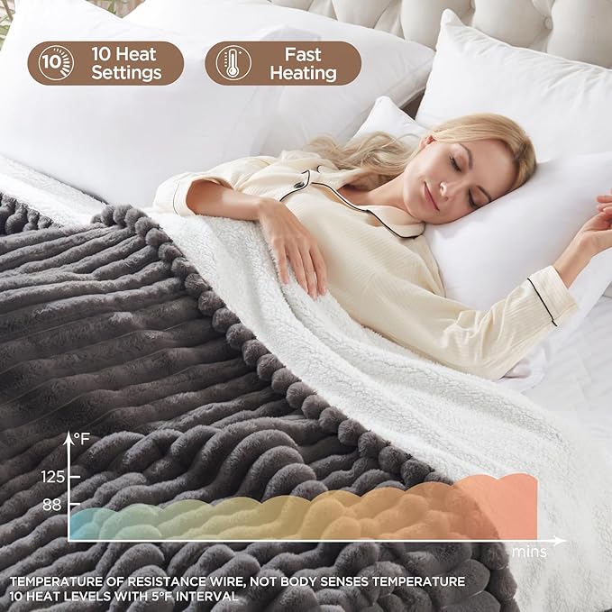 Westinghouse Electric Blanket Twin Size, Super Cozy Luxury Faux Fur & Sherpa Heated Blanket with 10 Heating Levels & 1-12 Hours Auto Off, Fast Heating Blanket, Machine Washable, 62x 84 Inch Charcoal