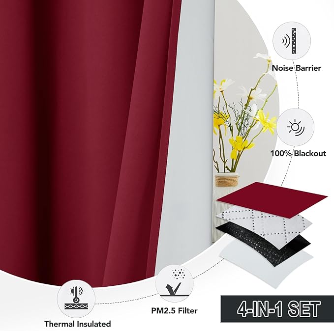 RYB HOME 4-in-1 Dust Filtering Soundproof Blackout Insulating Privacy Window Curtains for Nursery Bedroom Living Room Rivider Sound Absorption Sheet, Burgyndy Red, W52 x L84 inch, 2 Panels
