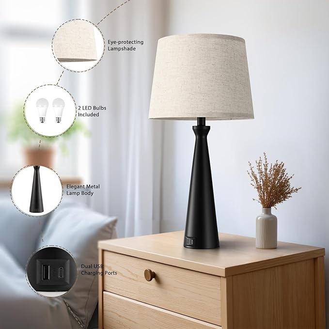 Seealle Modern Table Lamps Set of 2 - Touch Bedside Lamp for Nightstand with Dual USB C+A,3-Way Dimmable Black Nightstand Lamps for Living Room Bedroom End Table with Beige Shade(Bulb Included)