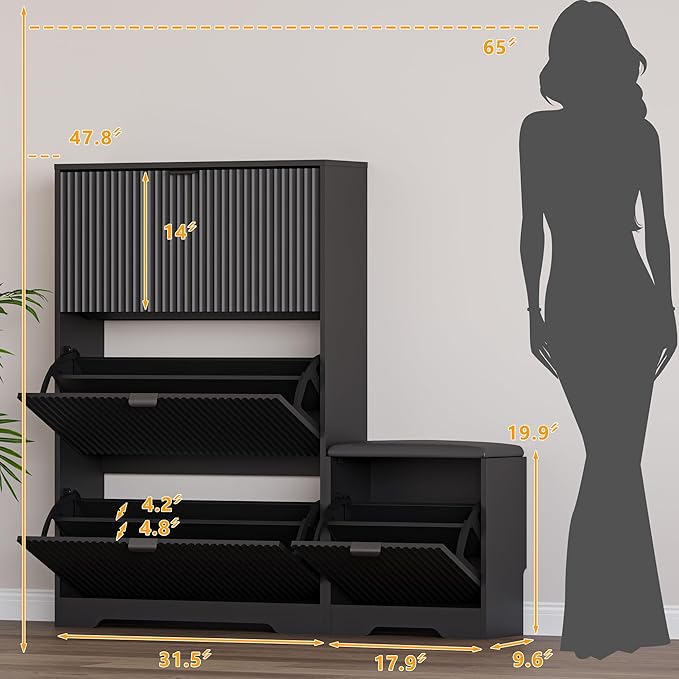 Slim Shoe Cabinet with Bench for Entryway, Hidden Storage and Adjustable Shelves, Free Standing Wooden Shoes Organizer for Hallway, Foyer