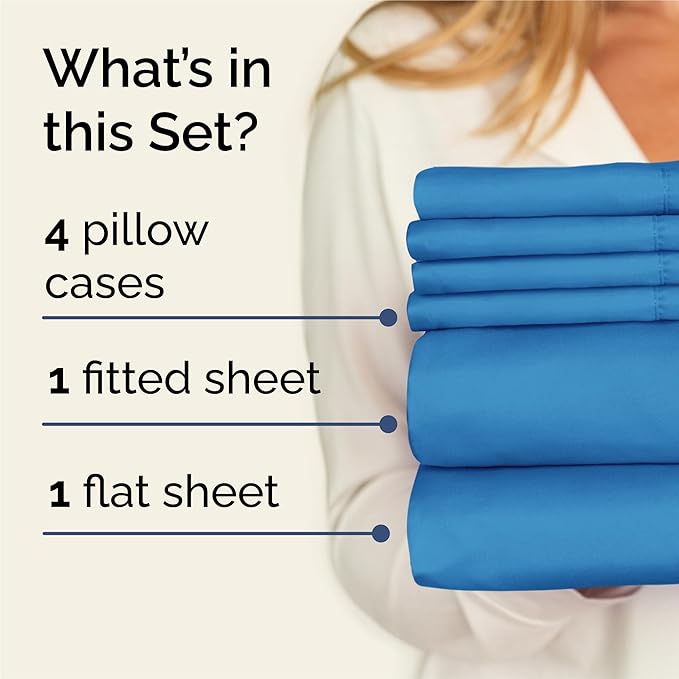 King 6 Piece Sheet Set - Cooling, Comfy & Breathable - Hotel Luxury Bedding, Includes Fitted Sheet for Women, Men, Kids & Teens - 1 Flat, 1 Fitted Sheet, 4 Pillowcases with Deep Pockets - Denim Blue