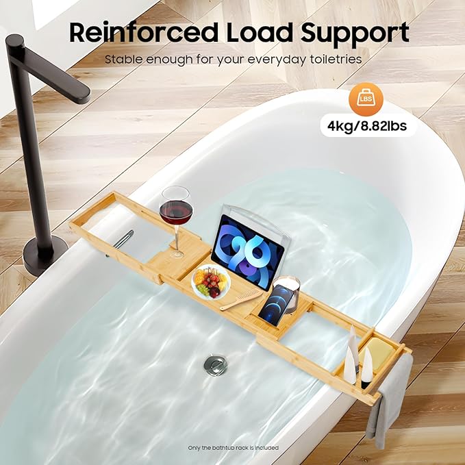 Bathtub Tray, Expandable Bamboo Bath Tray Wood Bath Caddy with Wine Glass Holder, Book & Tablet Stand for Bathroom Accessories Spa Relaxation Housewarming & Wedding Gift