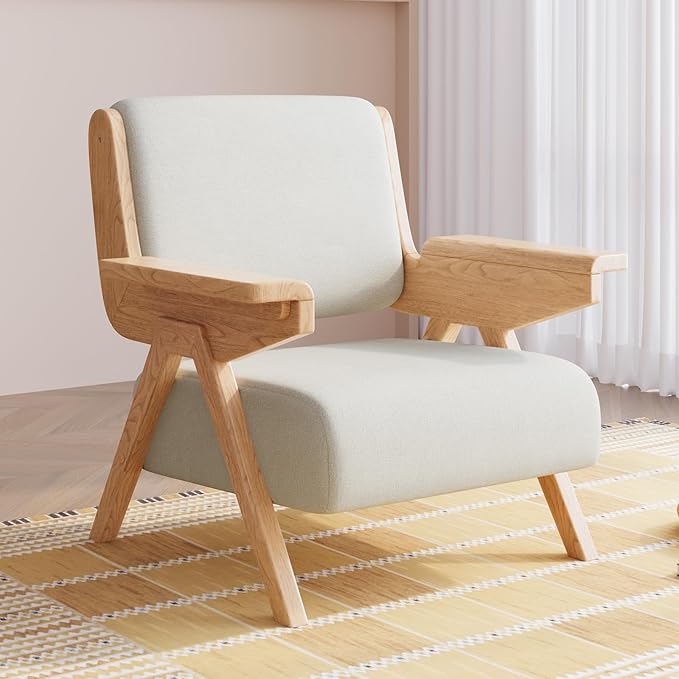 Accent Chair Mid Century Modern Chair, Velvet Upholstered Lounge Arm Chair with Solid Wood, Cozy Reading Chair for Living Room, Bedroom, Balcony(White)