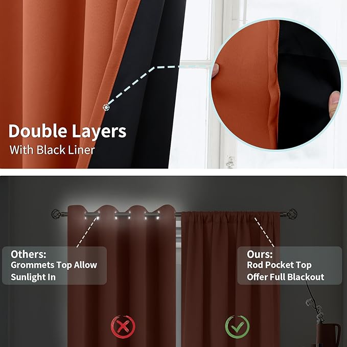 BGment Terracotta 100% Blackout Curtains for Bedroom, Fall Full Room Darkening Noise Reducing Living Room Curtains 63 Inch Length, Thermal Insulated Rod Pocket Window Drapes 2 Panels, 42 Inch Wide