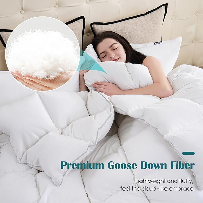 Goose Feather Down Fiber Comforter Queen Size, 100% Cotton Cover Ultra Soft Fluffy Duvet Insert Queen, All Season Luxurious Hotel Bedding Comforter, White 90"x90"