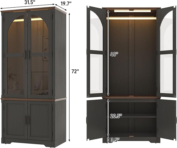 Tall Farmhouse 2 Doors Armoire Wardrobe Closet with LED ,72" Freestanding Arched Wardrobe Closet Cabinet for Bedroom w Glass Doors,Wooden Clothing Storage Cabinet,Closets for Bedroom(Black)