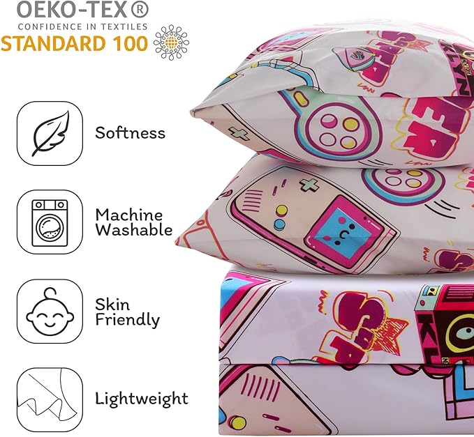 JSD Gaming Kids Sheet Set Full Size, 4 Piece Soft Girls Gamer Printed Microfiber Bed Sheets Deep Pocket