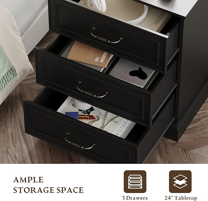 Farmhouse 3 Drawers Dresser for Bedroom, 24" Wide Modern Chest of Drawers with Deep Drawers & Bar Handles, Rustic Wood Nightstand, Wooden Closet Storage Organizer for Living Room, Hallway, Black