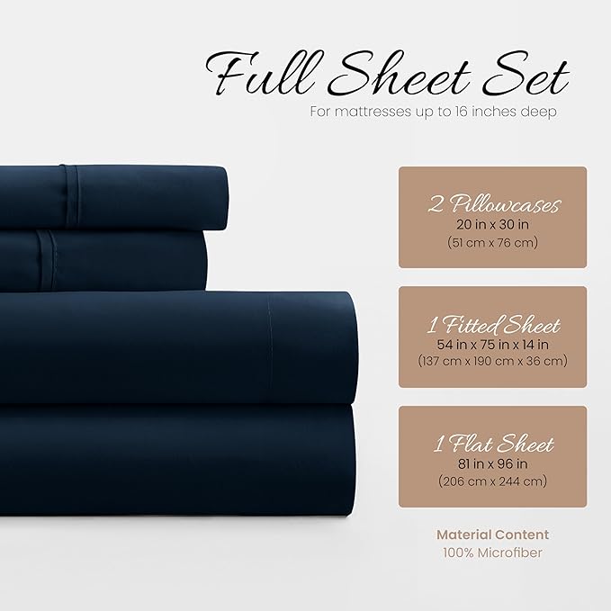 Linen Market Brushed Microfiber Full Sheet Set 4 Piece – Oeko-TEX Certified Ultra Soft & Wrinkle-Free - 16" Deep Pocket Sheets - Easy Care Full Size - Navy