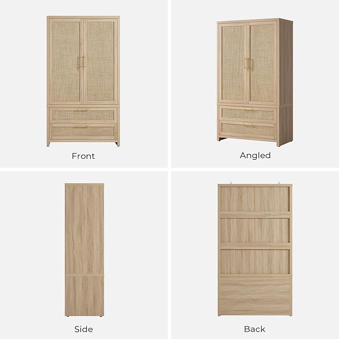 SICOTAS Larger Armoire Wardrobe Closet, 71" Tall Rattan Freestanding Wardrobe Closet Cabinet with Storage and 2 Drawers, Boho Armoire Clothes Organizer with Hanging Rod for Bedroom, Light Oak (2 PCS)