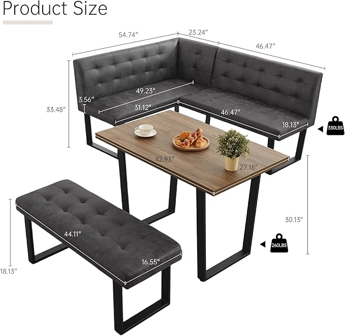 3-Piece Corner Dining Table Set with Bench, 70 Inch Space-Saving Breakfast Nook for Kitchen & Dining Room(Walnut Table & R-Seat Grey Bench)