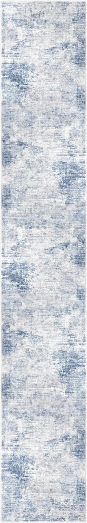 IOHOUZE Abstract Runner Rug 3x18 Ft Washable Runners for Hallways, Non Slip Kitchen Runner Printed Faux Wool Entryway Runner Indoor, Modern Abstract Floor Carpet for Hall Stair, Light Blue White