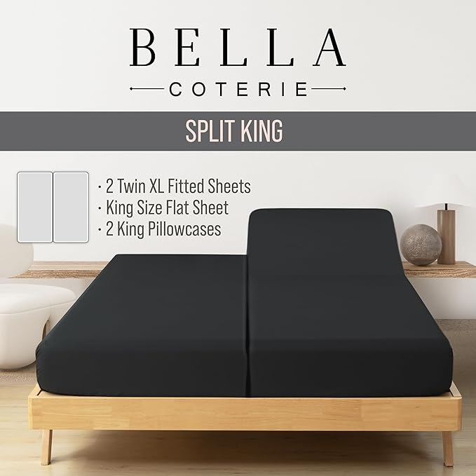 Bella Coterie Luxury Bamboo Viscose Split King Size Sheet Set | 2 Fitted Sheets for Sleep Number & Adjustable Beds | 100% Organically Grown | Cooling & Ultra Soft | 18” Deep Pocket [Black]