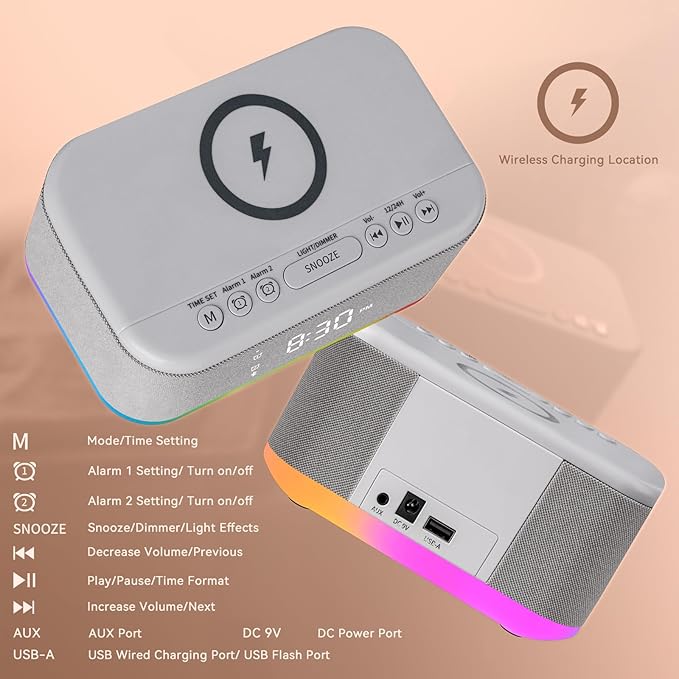 Wireless Charging Alarm Clock Bedroom, Loud Digital Alarm Clocks Bedrooms, Alarm Clock Night Light Speaker 8W Snooze Dual Alarm 12/24H Adjustable Brightness Dimmer Bluetooth, Grey