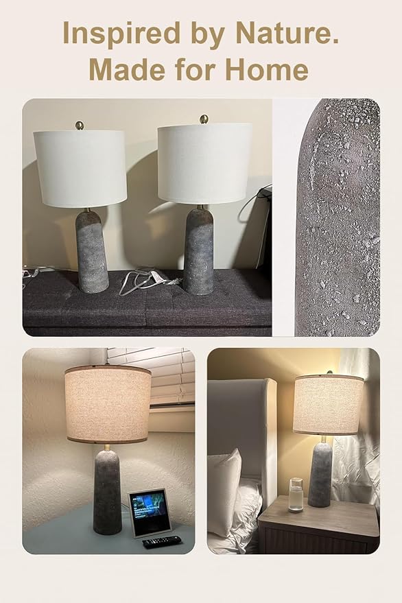 BOBOMOMO 27.25" Modern Table Lamp Set of 2, Gray Resin Lamp with Natural Stone Look, Lamps for Living Room with Linen Shades, Nightstand Lamp for Bedroom, Living Room, Entryway